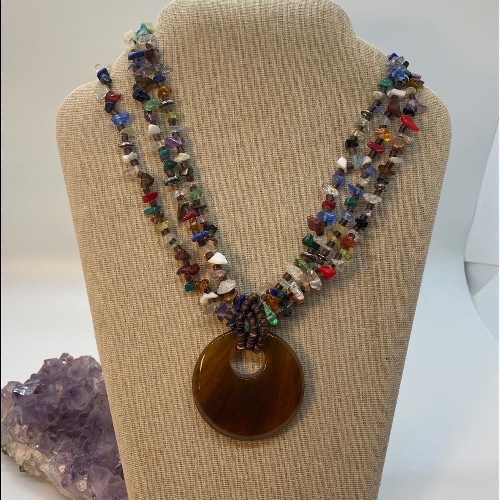 Multicolored Bead Necklace with Pendant-3 Strands